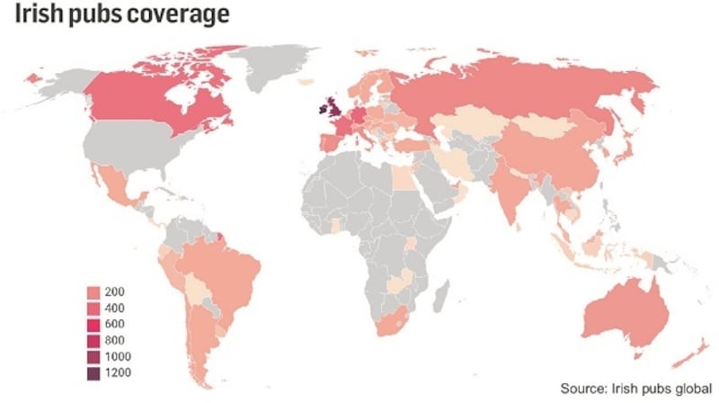 The shaded areas show the presence of Irish pubs around the world
