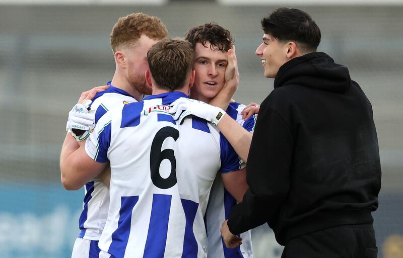 Ballyboden St Endas’ Rory O’Dwyer, Peter Healy and Callum O'Dwyer celebrate. Photograph: Bryan Keane/Inpho