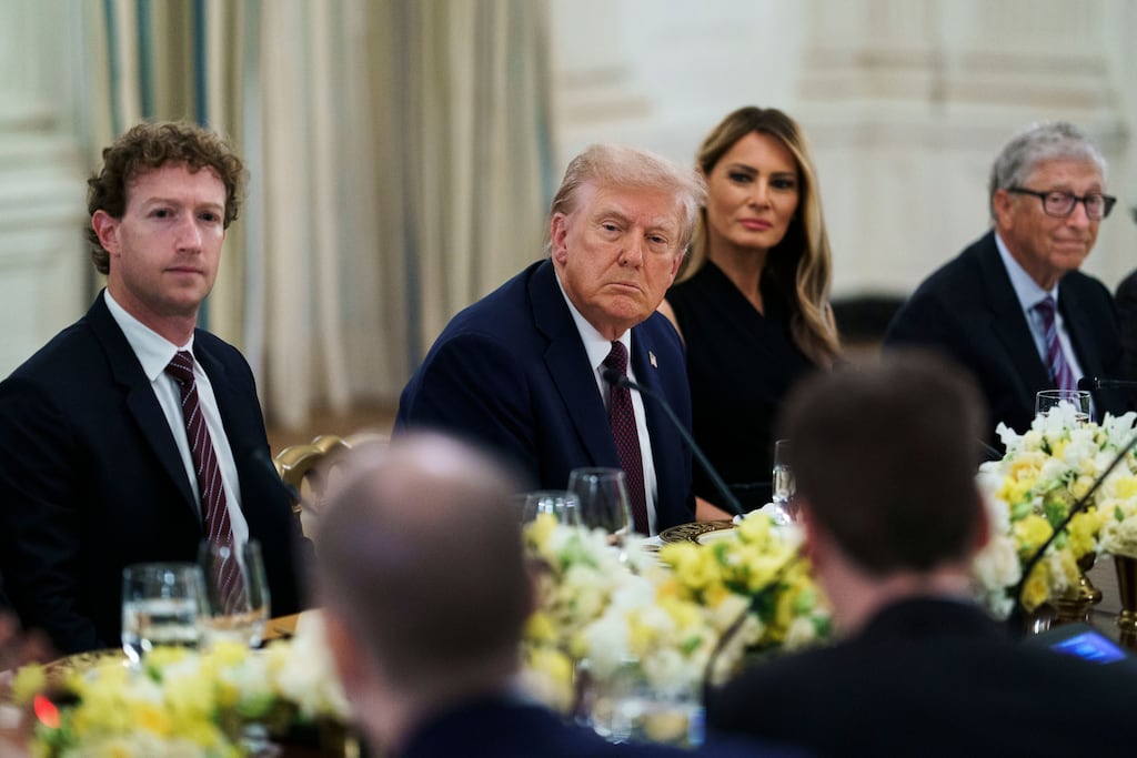 US president Donald Trump and first lady Melania Trump with Mark Zuckerberg (left) and Bill Gates (right) at the White House AI dinner. Photograph: Will Oliver/EPA