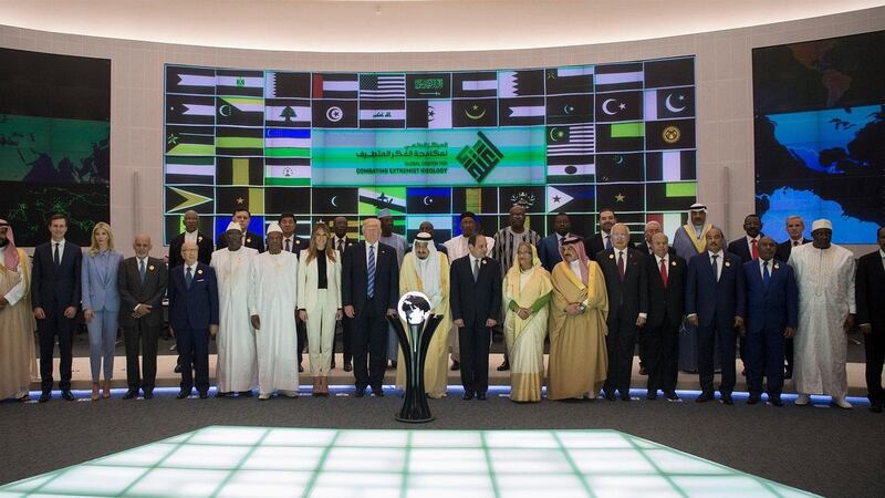 US President Donald Trump’s advisor Jared Kushner, President Trump’s assistant Ivanka Trump, Egyptian President Abdel Fattah al-Sisi, US President Donald Trump, King Salman bin Abdulaziz al-Saud of Saudi Arabia, US First Lady Melania Trump and other delegates pose for a group photo at the opening of the World Center for Countering Extremist Thought in Riyadh, Saudi Arabia. Photograph: EPA/Saudi Press Agency
