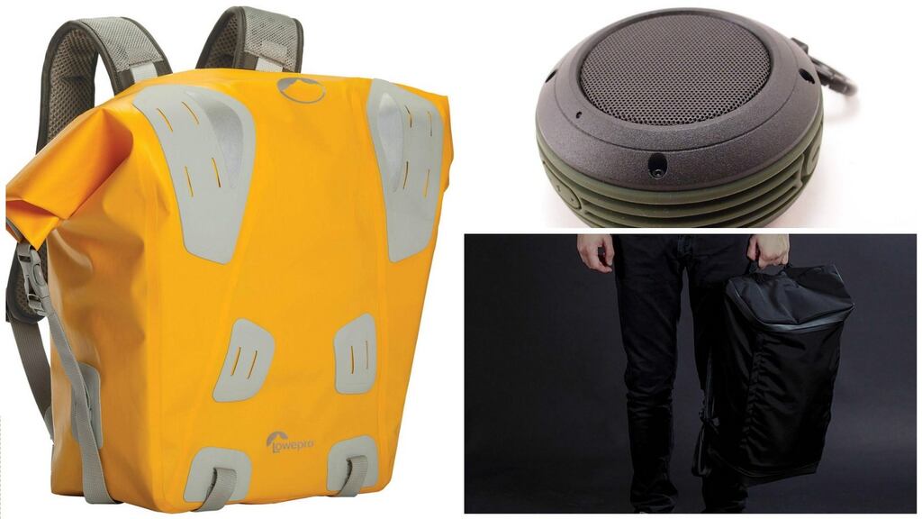 Clockwise from main: Lowepro DryZone Backpack; Divoom Voombox; Invisible Backpack