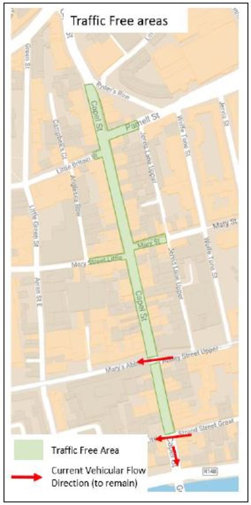 Pedestrianisation of most of Dublin’s Capel Street has been scheduled to begin in May.