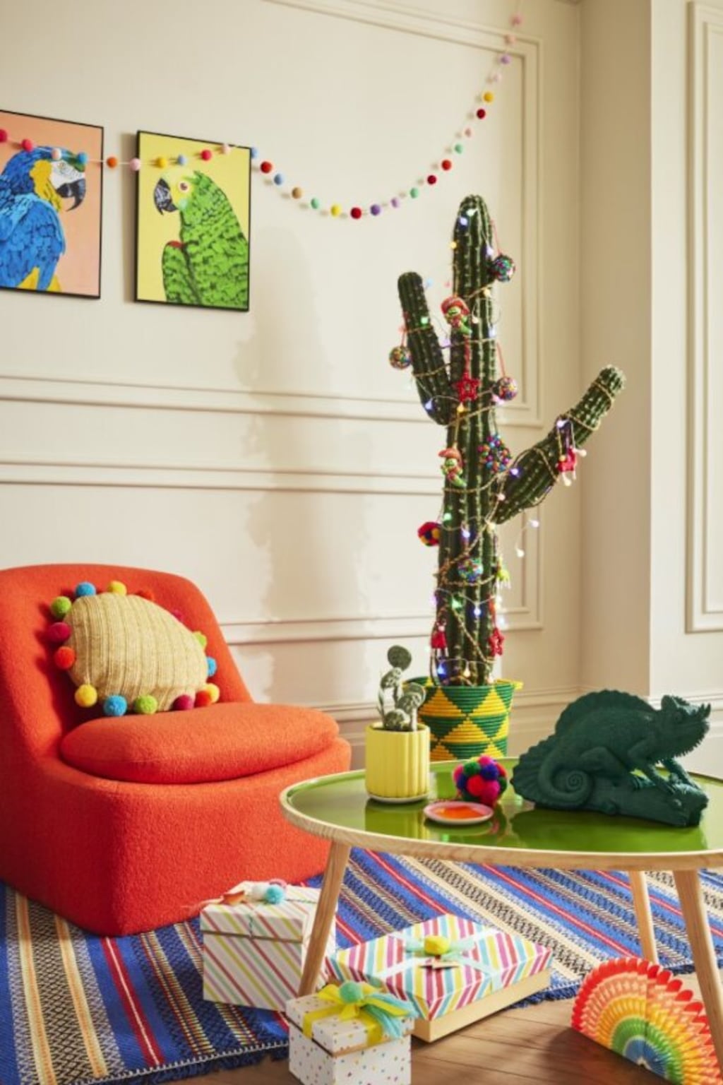 Tall faux cactus €69.99, basket €19.99, colourful ribbon €19.99, sequin bauble €9.99, colourful beaded bauble €9.99, pom pom bauble €6.99, llama decoration €9.99, cactus bauble €6.99, all from Homesense