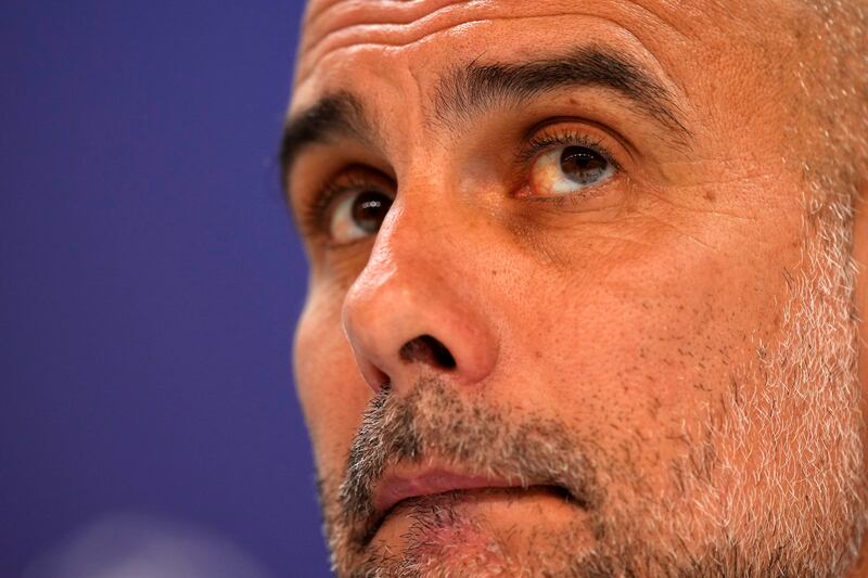 Pep Guardiola speaks to the media ahead of the Champions League semi-final first leg match between Manchester City and Real Madrid. Guardiola has built Manchester City's brand of football over his seven-year span at the club. Photograph: Angel Martinez/Getty Images