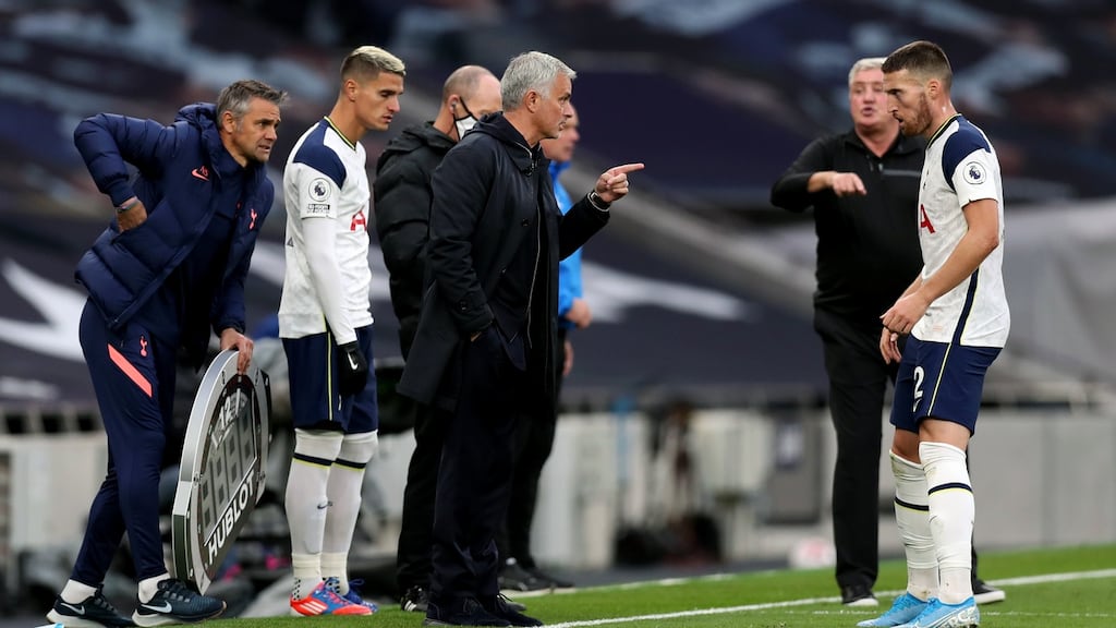 Tottenham manager Jose Mourinho talks to Matt Doherty during the Premier League match against Newcastle United at Tottenham Hotspur Stadium. Photograph: Tottenham Hotspur FC via Getty Images