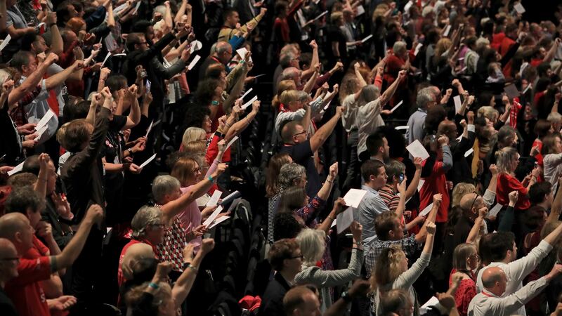 Delegates sing ‘The Red Flag’ after Labour leader Jeremy Corbyn delivers his speech at the Labour Party annual conference at the Brighton Centre, Brighton. Photograph: Gareth Fuller/PA Wire