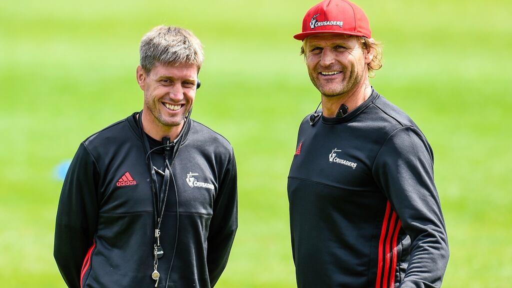 Ronan O’Gara with Canterbury Crusaders head coach Scott Robertson. Photograph: John Davidson/Inpho/Photosport
