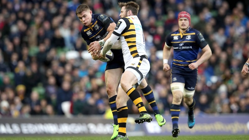 Leinster’s Garry Ringrose and Elliot Daly of Wasps in the European Rugby Champions Cup Quarter-Final at the  Aviva Stadium in April. Photograph: Ryan Byrne/Inpho