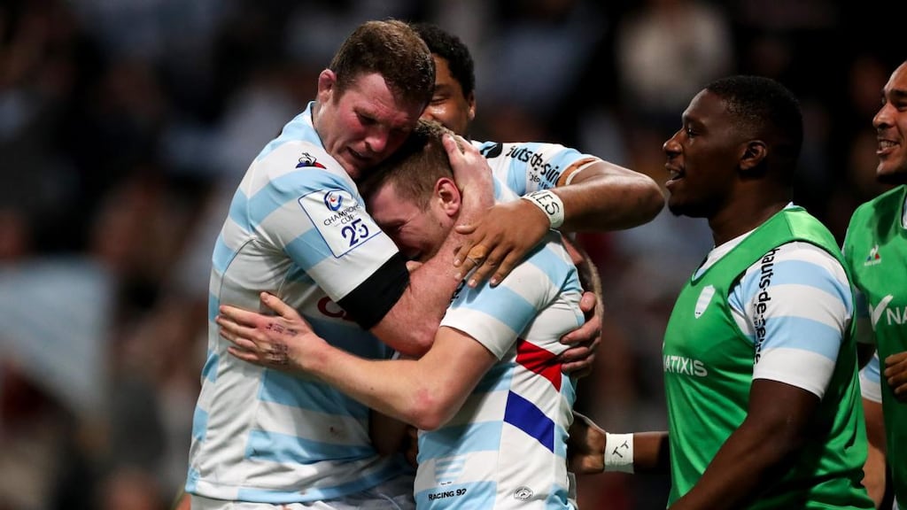 Finn Russell celebrates his try against Saracens with Donnacha Ryan. Photograph: Billy Stickland/Inpho