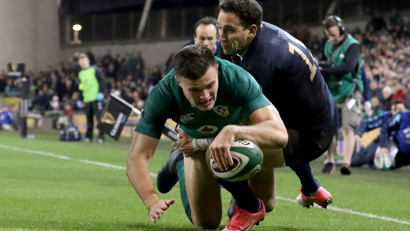 Jacob Stockdale reaches to score his second try against Argentina. Photograph: Paul Faith/AFP