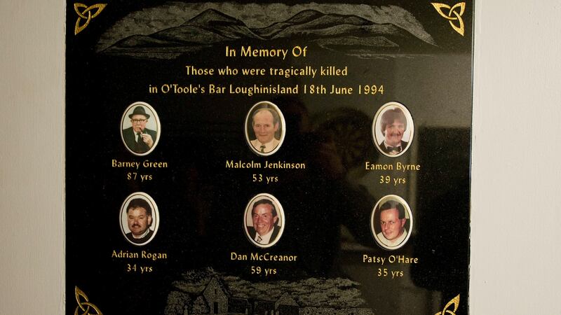 A plaque on the wall of O’Tooles bar in Loughinisland, Co Down to remember those murdered on June 18th, 1994. Photograph: Mark Marlow/Pacemaker