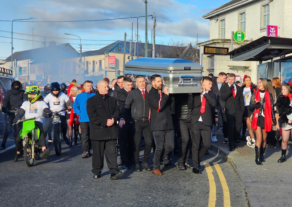 The remains of Brandon Ledwidge who was shot dead outside his home in Barry Drive, Finglas, two weeks ago are brought to St Canice's Church, Finglas for his funeral Mass. Photograph: Colin Keegan/Collins Dublin