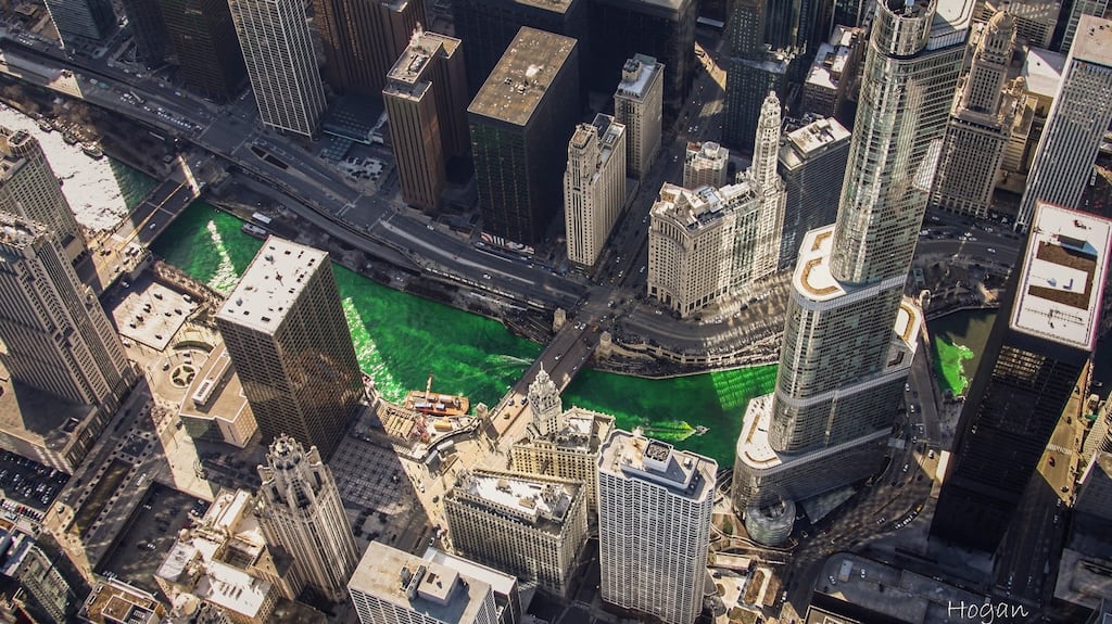 The Chicago river was dyed green on Saturday. Tourism Ireland hopes up to 300 landmarks in 40 countries will go green this year. Photograph: Lee Hogan/Chicago Sun-Times via AP