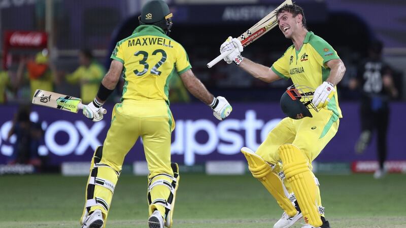 Glenn Maxwell and Mitchell Marsh celebrate Australia’s final win over New Zealand. Photograph: Aijaz Rahi/AP