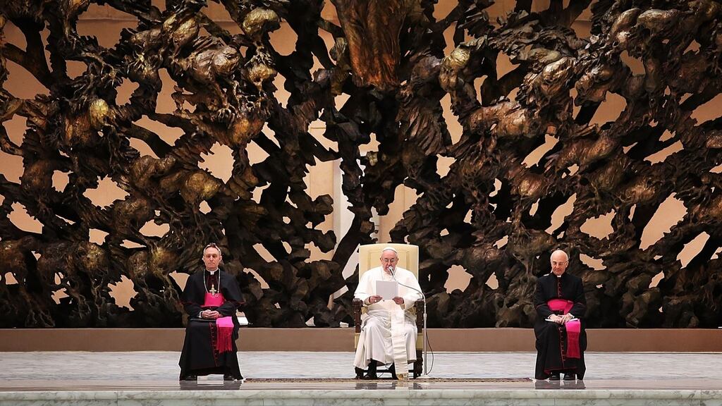 Newly elected Pope Francis speaks as he holds his first audience with journalists and media inside the Paul VI hall today. Photograph: Spencer Platt/Getty Images