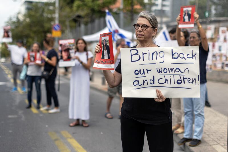 Demonstrators call for the return of Israeli hostages held by Hamas in Tel Aviv on Wednesday. Photograph: Avishag Shaar-Yashuv/The New York Times