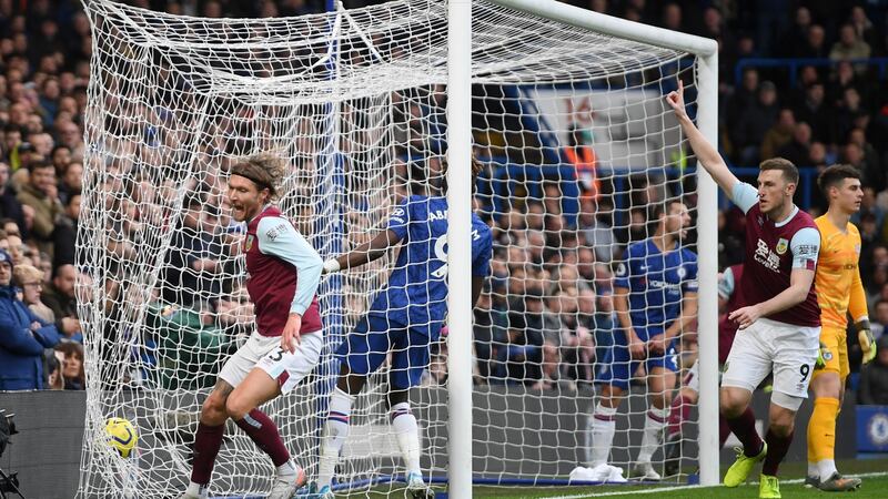 Jeff Hendrick scores a goal which was then disallowed following a VAR review during the Premier League match against Chelsea at Stamford Bridge. Photograph: Mike Hewitt/Getty Images