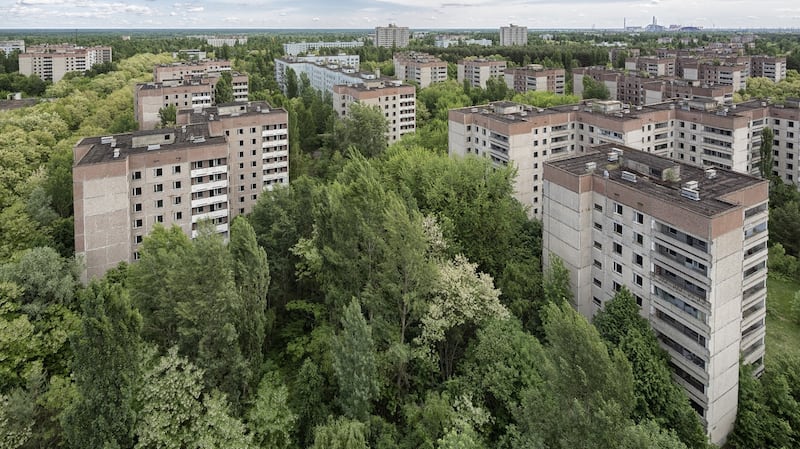 Aerial view from Pripyat which was abandoned in 1986 after a nuclear disaster in Chernobyl power plant. Most of the buildings are plundered. Photograph: iStock/Getty Images