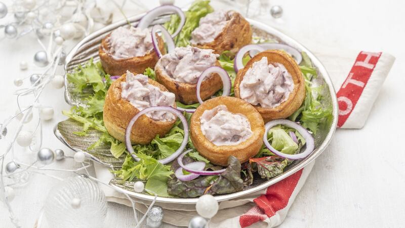 Turkey and ham Yorkies, cranberry horseradish cream. Photograph: Paul Flynn/ Harry Weir