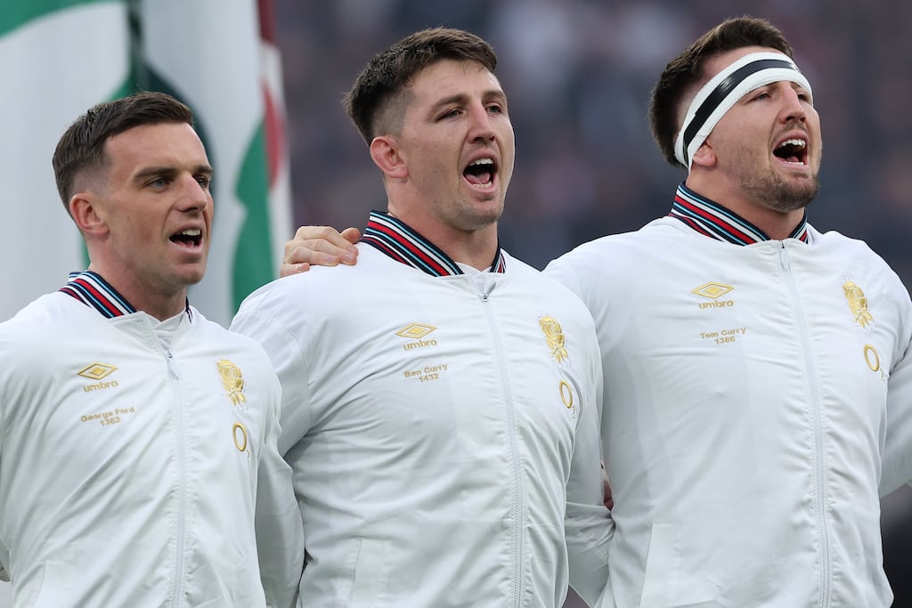 Twins Ben (centre) and Tom Curry (right) are in line to play together in the England backrow in Saturday's Six Nations opener against Ireland at the Aviva Stadium. Photograph: Michael Steele/Getty Images
