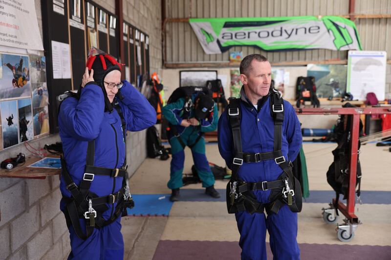 Mary McDonnell from Nenagh doing a tandem skydive, with her son Michael, to raise funds for Gaza, Photograph: Dara Mac Dónaill