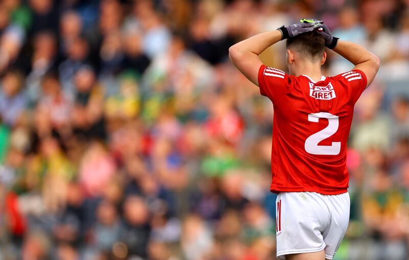 Corks' Kevin O’Donovan shows his dejection after defeat to Kerry in 2002. But both counties know they are in the All-Ireland, the big stuff starts in mid-May for them. Photograph: James Crombie/Inpho
