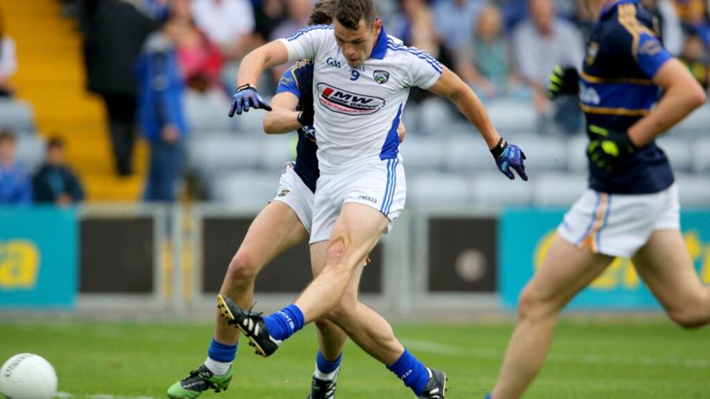 Laois’ John O’Loughlin scores a goal against Tipperary during the All-Ireland SFC Qualifier Series Round 3A match O’Moore Park in Portlaoise. Photograph: Cathal Noonan/Inpho