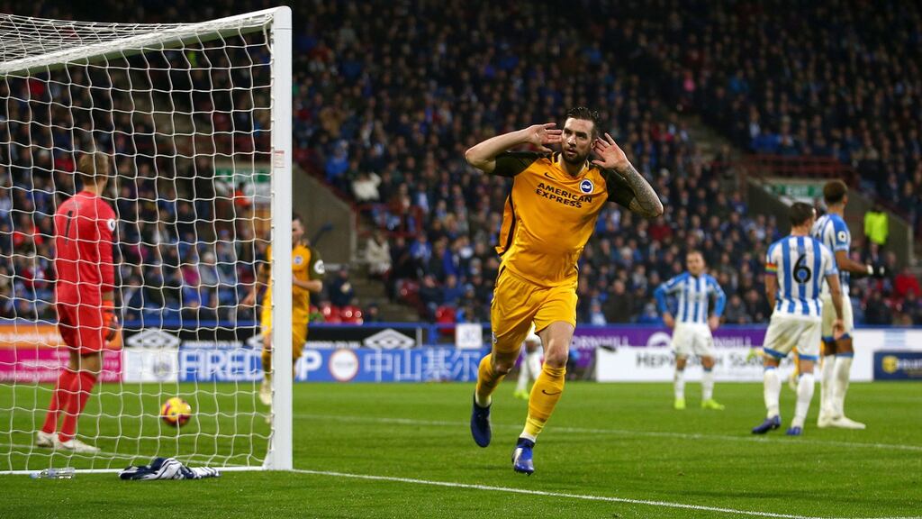 Brighton & Hove Albion’s Shane Duffy celebrates scoring his side’s first goal. Photograph: Dave Thompson/PA Wire.