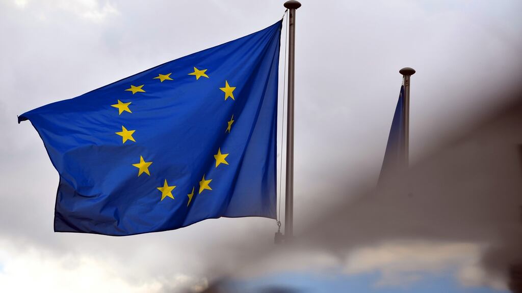 A European Union  flag flies outside the Berlaymont in Brussels, Belgium.  Photographer: Geert Vanden Wijngaert/Bloomberg