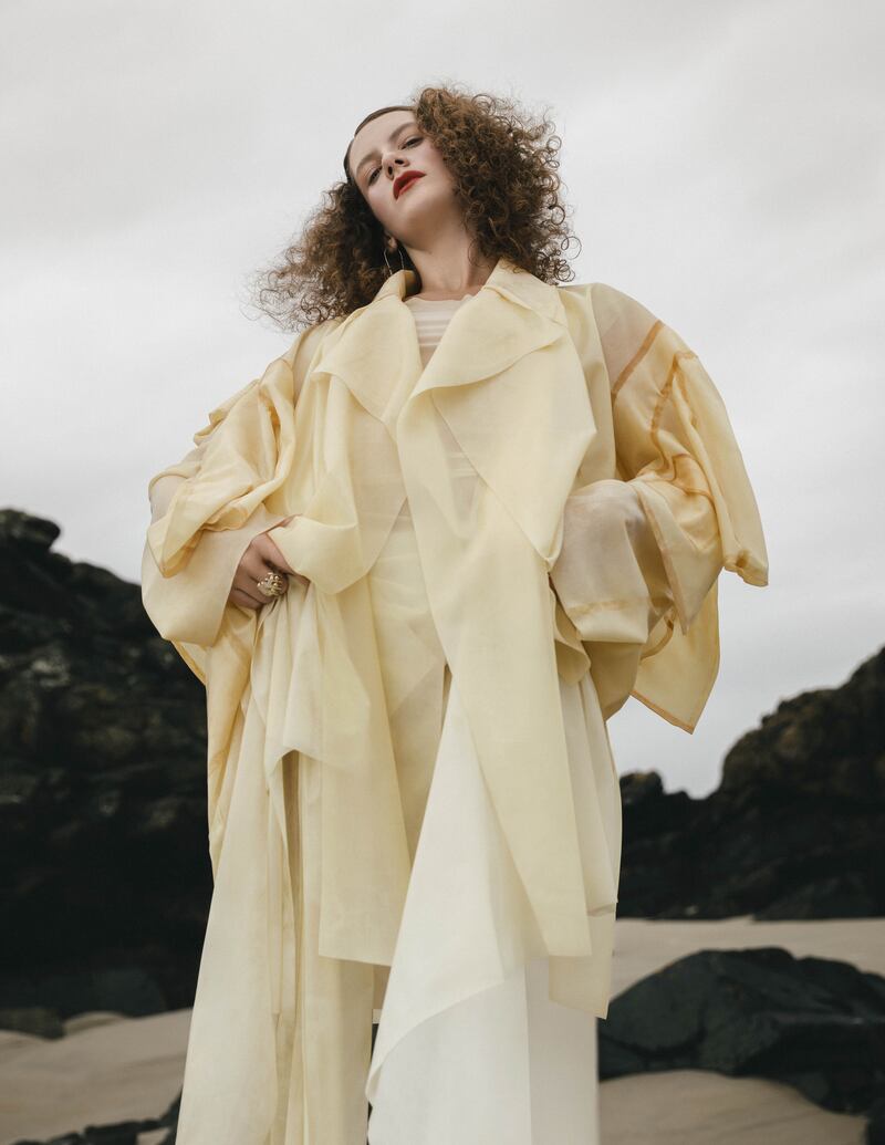 Dress and jacket by Amy Frankie Moroney, NCAD graduate; earrings by Emer Roberts; ring by Monika Moryc, NCAD graduate. Photograph: Chloe Aillud