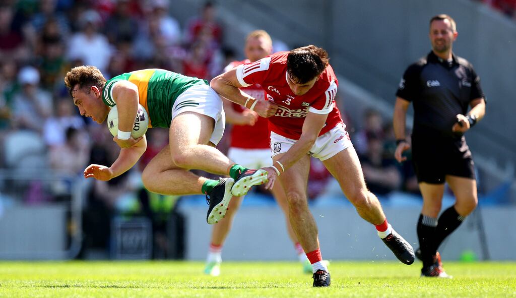 Cork’s Chris Óg Jones and Dara Moynihan of Kerry during round two of the All-Ireland senior championship. Photograph: Ryan Byrne/Inpho