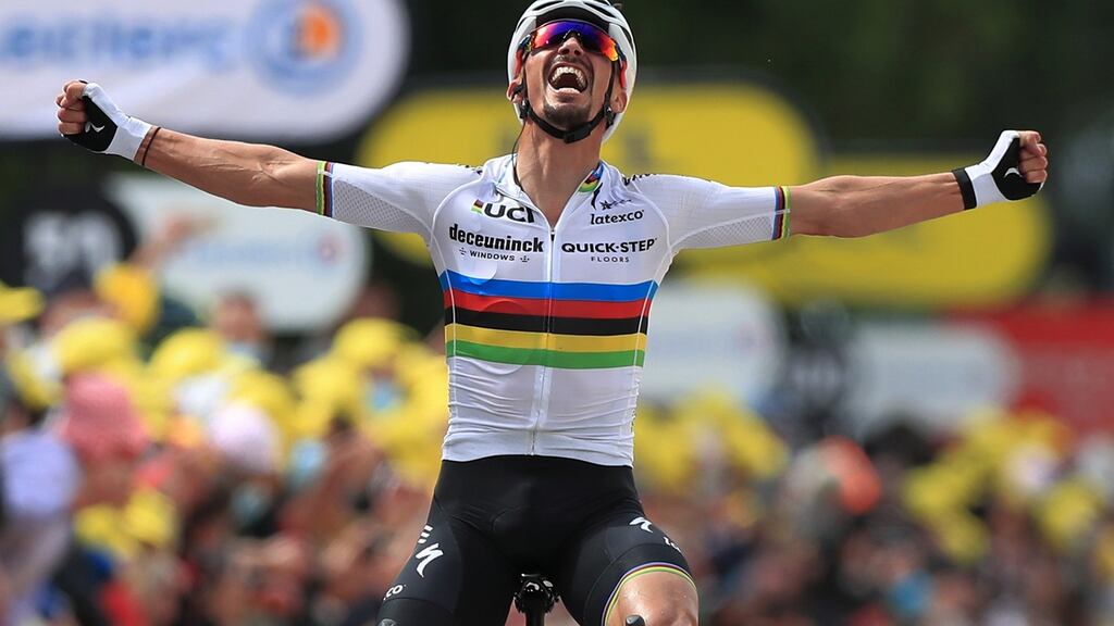 French rider Julian Alaphilippe of the Deceuninck Quick-Step team wins the first stage of the Tour de France from Brest to Landerneau. Photograph: Christophe Petit-Tesson/EPA