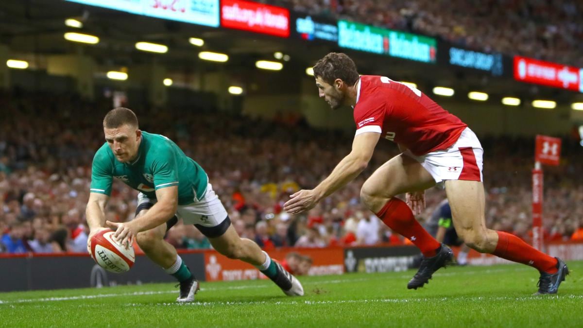 Ireland’s Andrew Conway goes over for a try that was disallowed for a forward pass. Photograph: James Crombie/Inpho