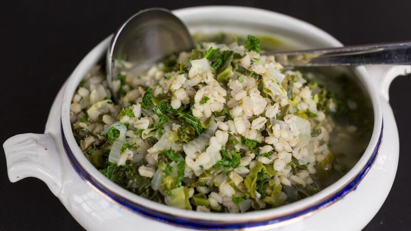 Spring greens, barley and chicken broth. Photograph: Emma Jervis