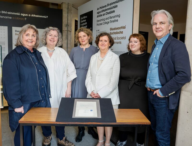 Donation: Úna Carmody, Linda Doyle, Méav Ní Mhaolchatha, Helen Shenton, Róise Goan and Tom Clinch with the letter from Samuel Beckett to Deryk Mendel. Photograph: Peter Houlihan/Fennell