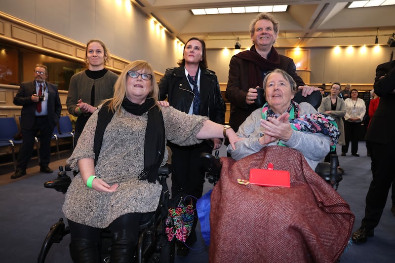 Equality Not Care campaigners at the official announcement of the care referendum results. Photograph: Dara Mac Dónaill/The Irish Times