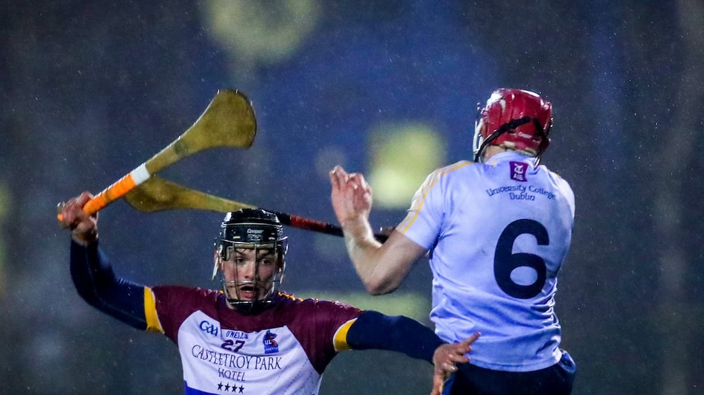 John Paul Lucey of UL in action against UCD’s Robert Lennon during the Electric Ireland Fitzgibbon Cup match at Belfield. Photograph: Oisín Keniry/Inpho