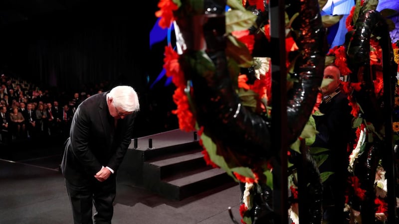 German president Frank-Walter Steinmeier takes part in a wreath-laying ceremony in January at the World Holocaust Forum marking 75 years since the liberation of Auschwitz, at Yad Vashem Holocaust memorial centre in Jerusalem. Photograph: Ronen Zvulun/Reuters