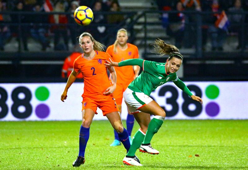 Netherlands' Desiree van Lunteren and Katie McCabe of Ireland in action during the 2017 World Cup qualifier in De Goffert, Nijmegen when Ireland earned a scoreless draw. Photograph: Rob Koppers/Inpho/Orange Pictures