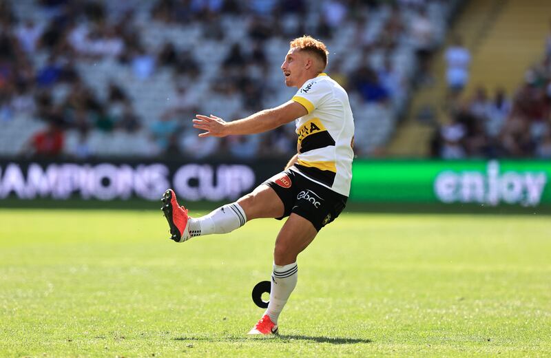 La Rochelle outhalf Ihaia West kicks a penalty during the Heineken Champions Cup semi-final match against Racing 92 at Stade Bollaert-Delelisin Lens. Photograph: David Rogers/Getty Images