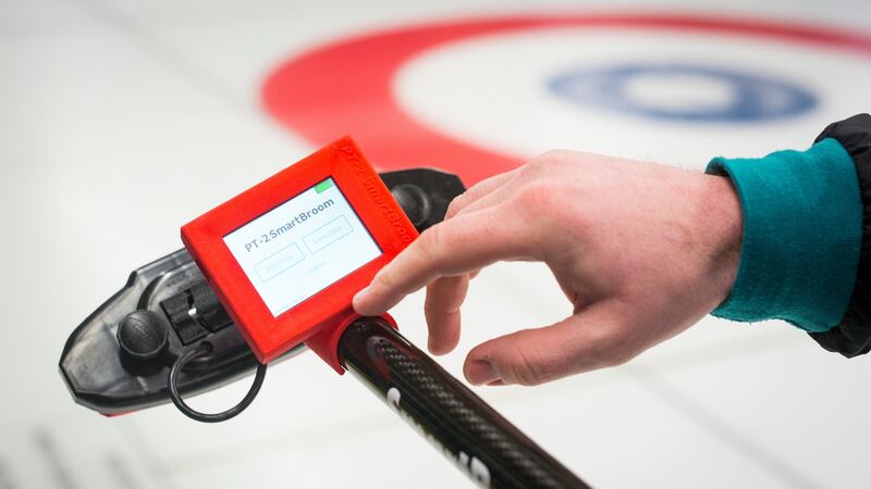 The SmartBroom, which has built-in sensors measuring a curling sweeper’s stroke rate and force. Photograph: Ian Willms/New York Times