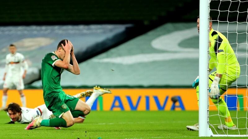 Jason Knight react to a missed chance during Ireland’s goalless draw with Bulgaria. Photgraph: James Crombie/Inpho