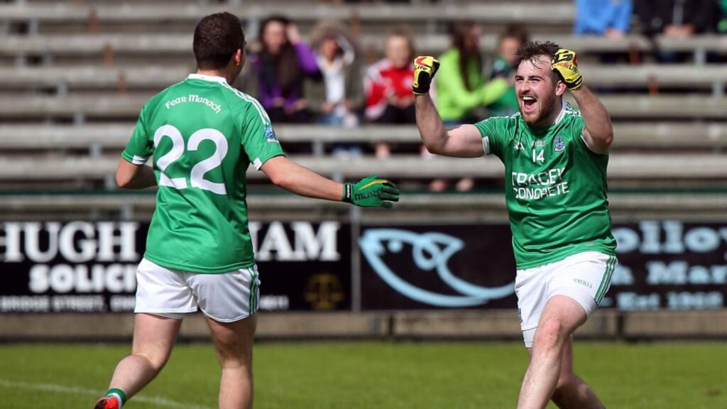 Fermanagh’s Seán Quigley celebrates scoring a penalty in the Ulster SFC quarter-final game at Brewster Park in Enniskillen. Photo: John McVitty/Inpho/Presseye