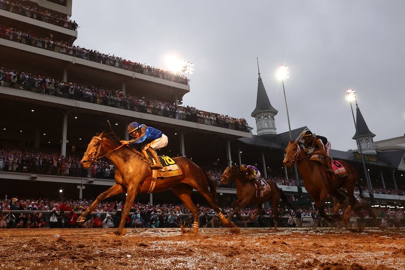 Sovereignty, ridden by Junior Alvarado, crosses the finish line to win the 151st Kentucky Derby in May. Photograph: Michael Reaves/Getty Images