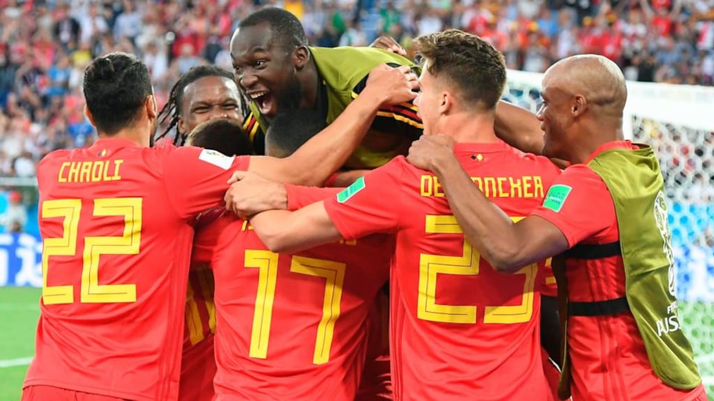 Belgium’s Adnan Januzaj celebrates his goal against England. Photograph: Getty Images