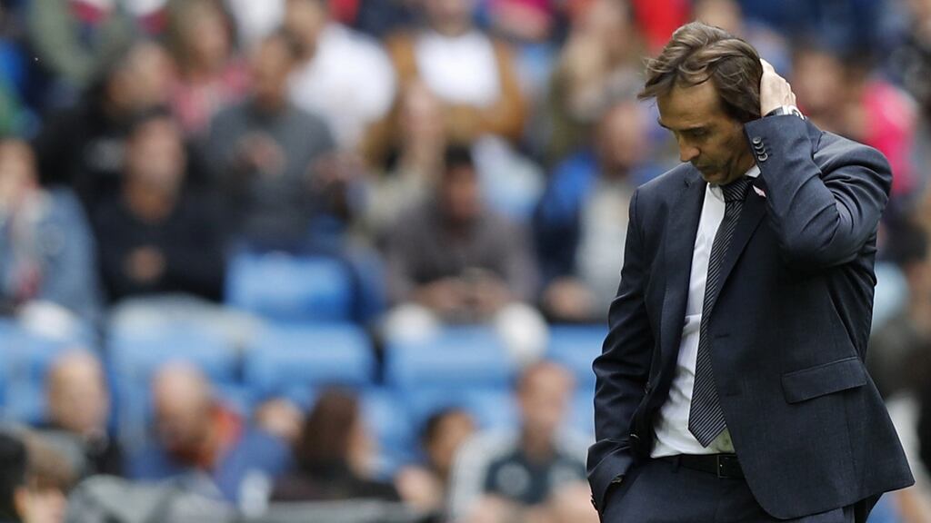 Real Madrid’s head coach Julen Lopetegui reacts during the La Liga match against Levante UD at Estadio Santiago Bernabeu in Madrid. Photograph: Javier Lizon/EPA