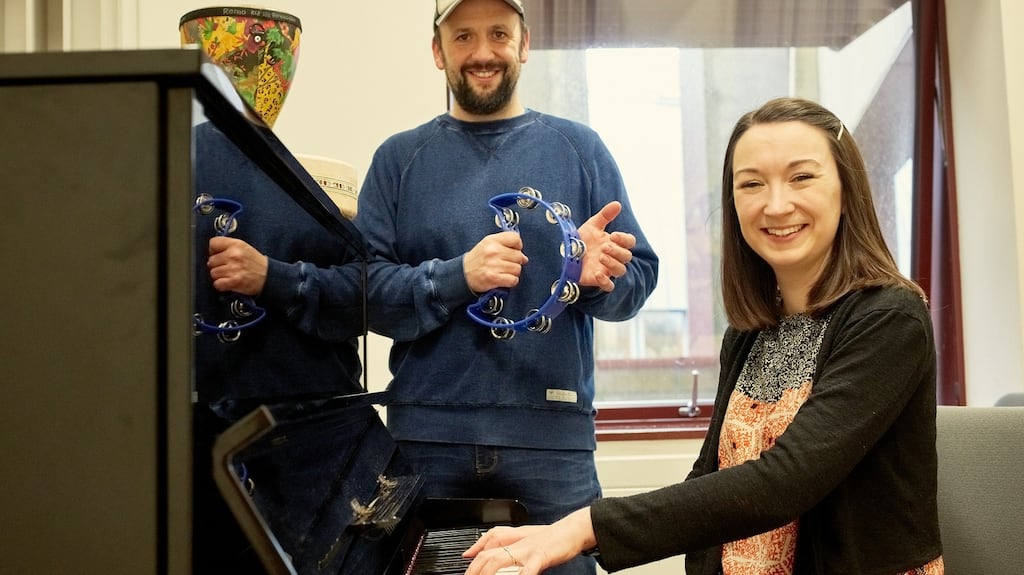 Music therapist and researcher Katie Fitzpatrick with fellow researcher, Steve Ryan, at the Irish World Academy of Music and Dance University of Limerick.