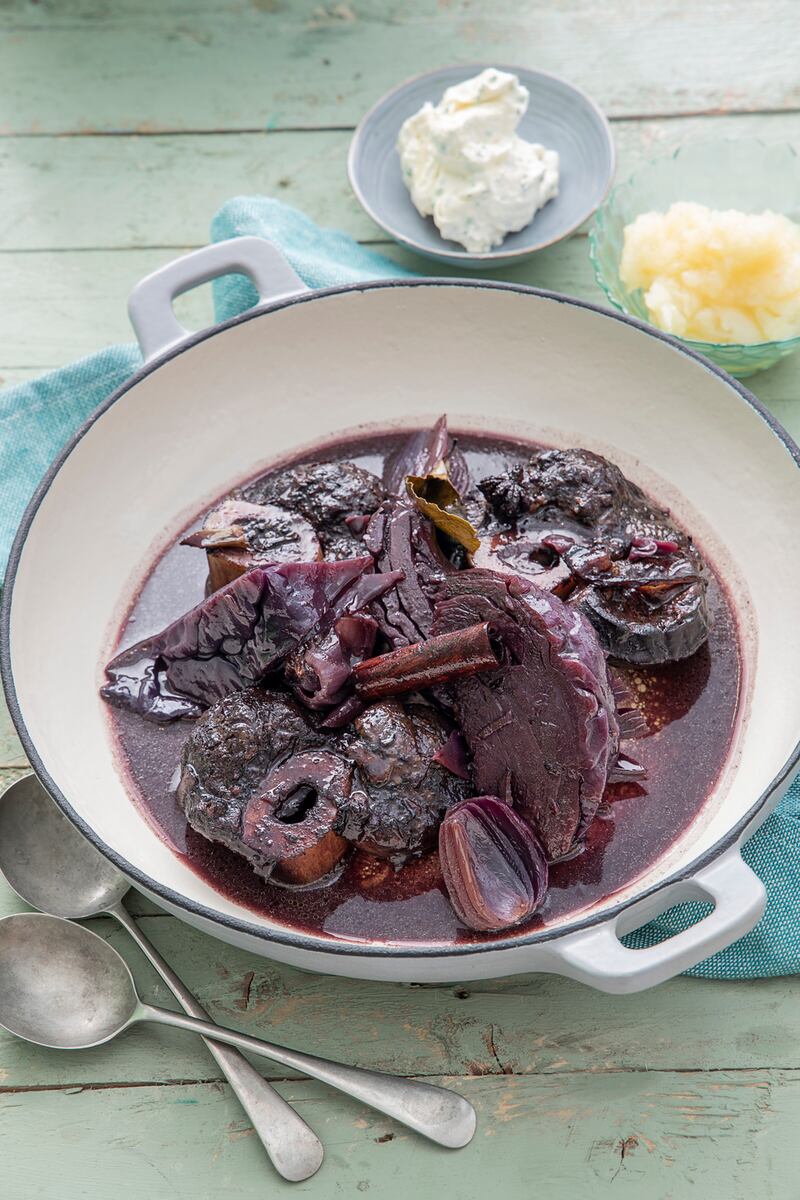 Osso Bucco of Beef, red cabbage, apple sauce and horseradish. Photograph: Harry Weir