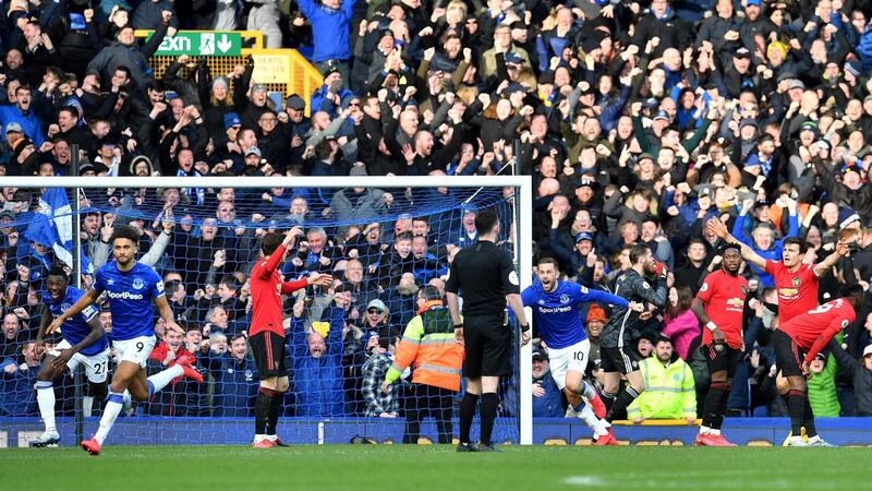 Dominic Calvert-Lewin’s late winner against Manchester United was disallowed for offside. Photograph: Paul Ellis/Getty/AFP