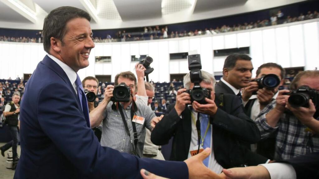 Italy’s Prime Minister Matteo Renzi arrives to the plenary session at European Parliament in Strasbourg to present the programme of the Italian presidency. Photograph: Olivier Hoslet/EPA